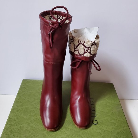 NIB Gucci bordeaux leather GG Shearling Effect Knee-High Boots - IT 39.5/US 9.5 - Picture 5 of 8